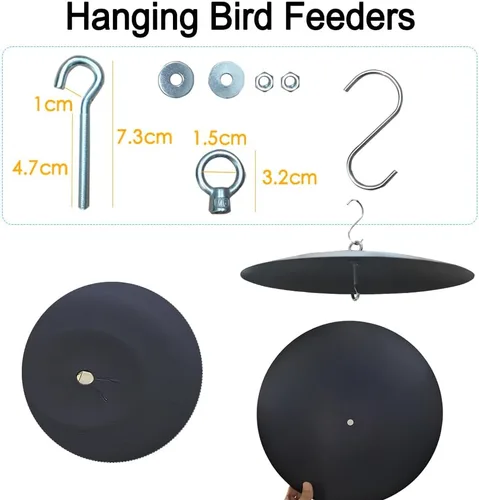 Miniatura 7 de Bafle de comedero de pájaros, protector para casas de pájaros, deflector colgante de metal de 13 pulgadas para exteriores, color negro Negro-1
