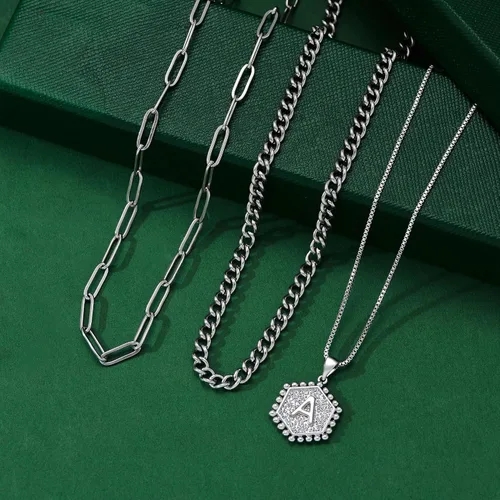 Miniatura 6 de Collares con iniciales M MOOHAM en capas, para mujer, chapados en oro de 14 quilates, con cadena de eslabones