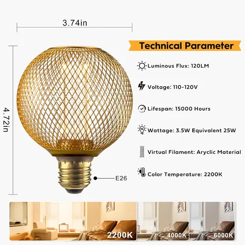 Miniatura 3 de Bombilla LED decorativa, cubierta de malla metálica dorada, base mediana E26, luces LED para lámpara de pie de dormitorio, lámpara de techo