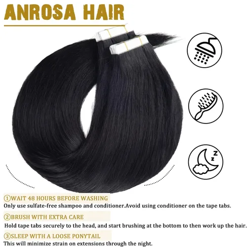 Miniatura 4 de Anrosa Extensiones de cabello humano real de 20 pulgadas, extensiones de cabello humano lacio de doble cara, color negro azabache, 1.76 oz, 20
