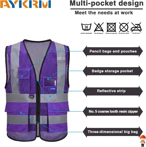 Miniatura 4 de A-SAFETY Chaleco reflectante de seguridad de malla de alta visibilidad con bolsillos y cremallera, chaleco de trabajo Hi Viz para hombres y mujeres