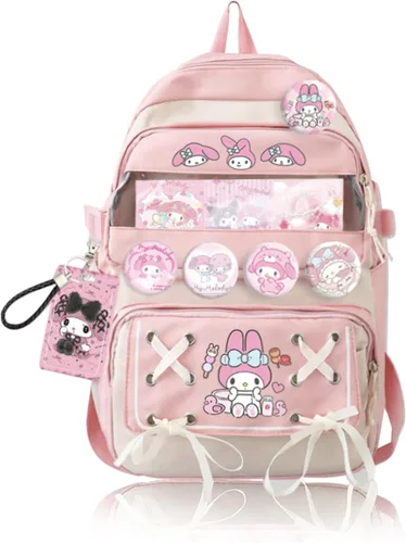 Miniatura 8 de Roffatide Anime Kuromi - Mochila Kawaii con 21 piezas de accesorios de dibujos animados estética de viaje nuevo semestre bolsa de regalo con bonitos
