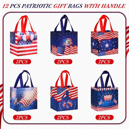 Miniatura 5 de Ctosree 12 Pcs 4th of July Gift Bags Bulk Patriotic Memorial Independence Day Celebration-red White Blue Non Woven Tote with Handle