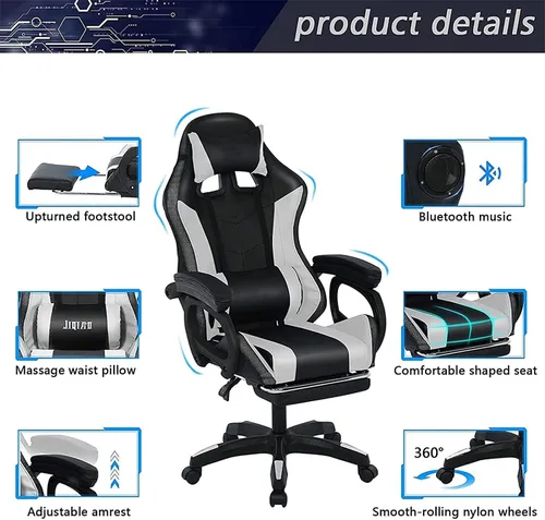 Miniatura 3 de Silla ergonómica para juegos profesional con soporte lumbar de masaje completo, altavoces Bluetooth, respaldo ajustable, color blanco