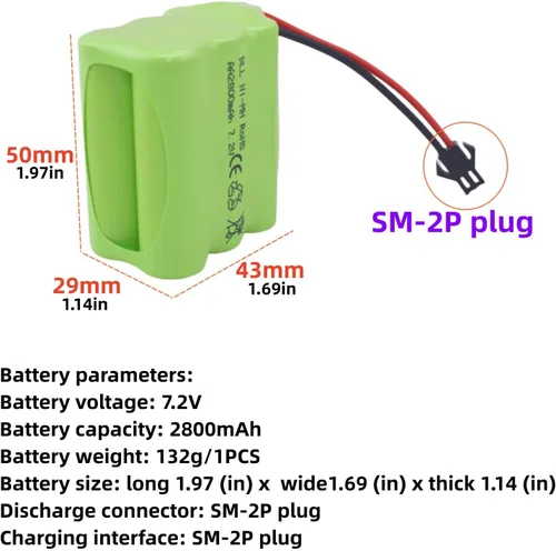 Miniatura 2 de Paquete de 2 baterías AA de 7.2 V 2800 mAh RC con enchufe SM-2P con cable de carga USB para tanques de juguete, departamento de ingeniería de cama