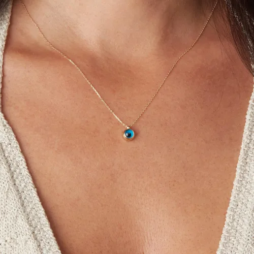 Miniatura 5 de THEA - Collares cerrados contra el mal de ojo en oro macizo real de 14 quilates, dije de protección de moneda Hamsa azul, regalo de joyería fina
