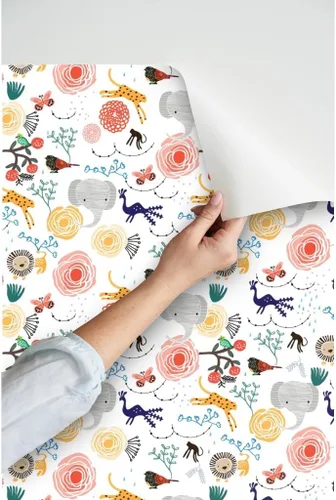 Miniatura 3 de Papel tapiz autoadhesivo de 12 x 2 pies – Flores de selva, elefante, guepardo, pájaro, mono, león, caprichoso, animales florales, habitación