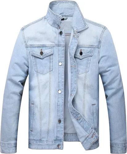 Miniatura 15 de LAMKUKU Chaqueta de mezclilla para hombre rasgada ajustada, abrigo de chaqueta vaquera para hombres
