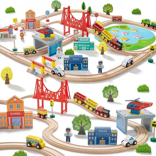 Miniatura 10 de Tiny Land 55 piezas de juego de tren de madera - Compatible con pistas de marcas principales, juguete educativo para niños de 3 a 7 años, duraderos