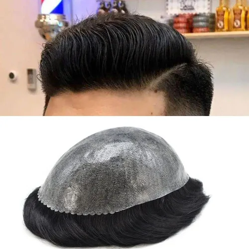 LYRICAL HAIR Toupee para hombres piel fina inyección PU peluca unidad 1 # Jet negro real natural cabello humano pieza hombre sistema de reemplazo