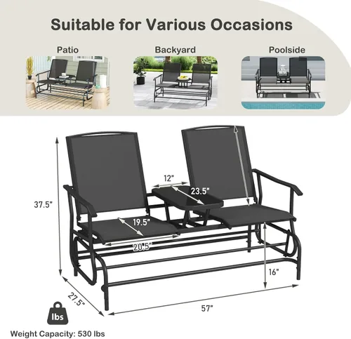 Miniatura 3 de Tangkula Silla mecedora para 2 personas, sofá biplaza mecedora para patio con mesa central de vidrio templado, banco de columpio para exteriores