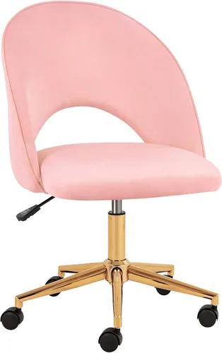 Miniatura 7 de Furnimart Silla de escritorio sin brazos rosa, silla de tocador giratoria de terciopelo con patas doradas, linda silla de tareas con ruedas
