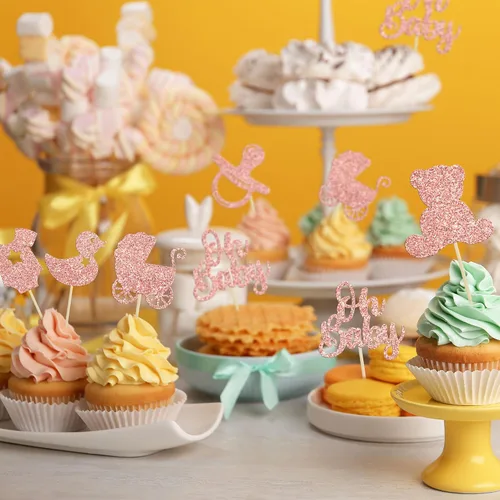 Miniatura 5 de Gyufise 36 piezas Adornos para cupcakes de baby shower con purpurina, chupete, carrito de bebé, oso, Oh Baby, púas para cupcakes para revelación