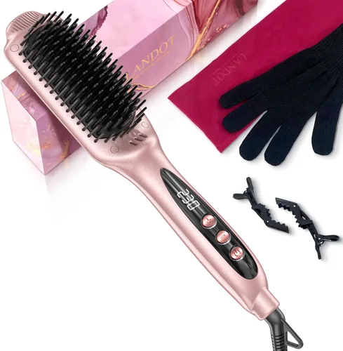 Miniatura 10 de LANDOT Cepillo alisador de cabello para cabello grueso y rizado, cepillo alisador de cerámica iónica con cerdas densas y 12 ajustes de temperatura