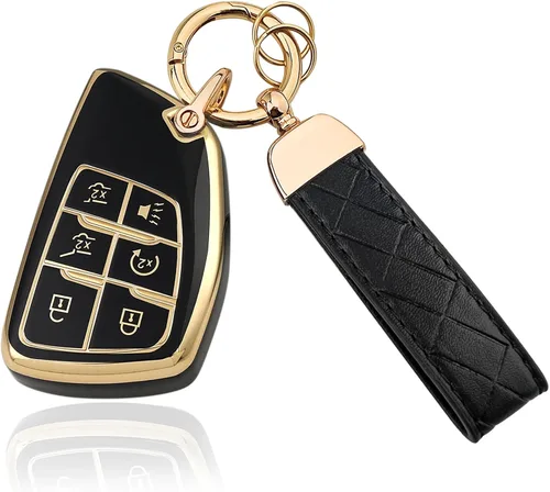 Funda para llavero de TPU de 6 botones con llavero de cuero, compatible con GMC Yukon Denali Sierra 2021, 2022, 2023, 2024, 2025, 2026, compatible