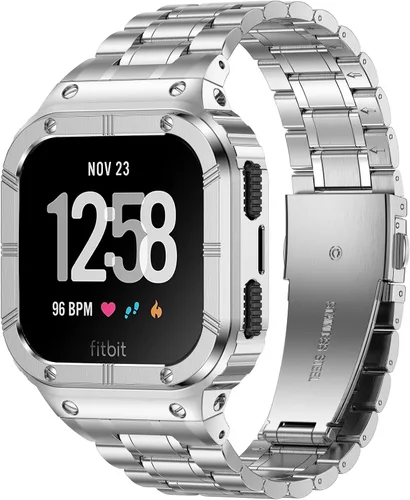 Miniatura 7 de BAITEYOU Correa de reloj de acero inoxidable con funda compatible con Fitbit Versa/Fitbit Sense Bands, pulseras de metal protectoras resistentes