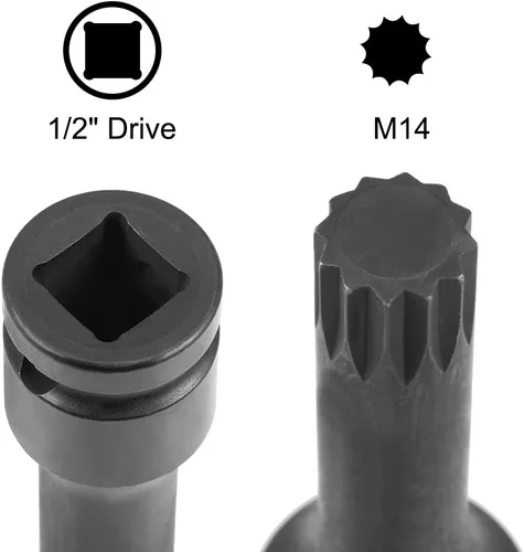 Miniatura 3 de uxcell 1/2" Drive x M14 (0.551 in) Impact Triple Square Spline Bit Socket, métrico 3" longitud, uso de acero CR-MO con destornilladores de impacto