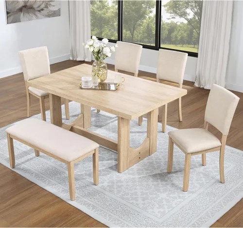 Miniatura 13 de Harper & Bright Designs Juego de mesa de comedor de madera gris de 6 piezas con banco tapizado y 4 sillas de comedor, patas de forma especial