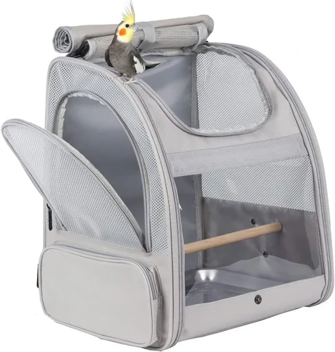 Miniatura 9 de Porta pájaros de viaje con soporte y percha, jaula transpirable para loros, portador de pájaros para senderismo, aprobado para aerolíneas Gris