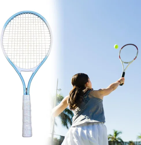 Miniatura 5 de predolo Raqueta de tenis con agarre cómodo y cuerdas de nailon para práctica de playa, azul y blanco