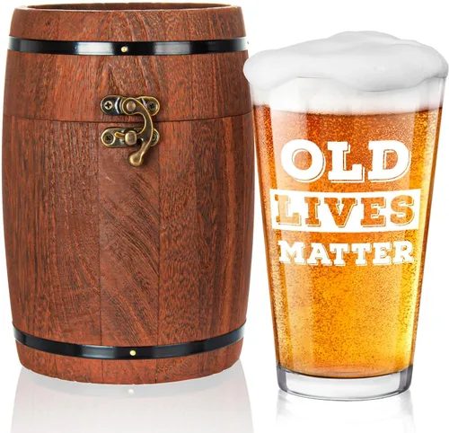LIGHTEN LIFE Old Lives Matter - Vaso de cerveza de 16 onzas, regalo único de anciano, en caja de barril valioso, vaso de cerveza de cumpleaños o