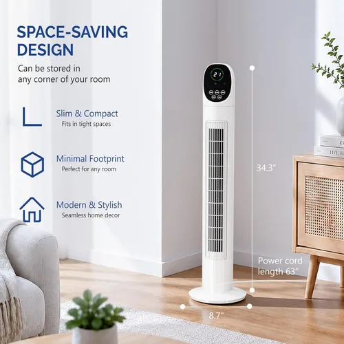 Miniatura 7 de ROVSUN Ventilador de torre sin aspas de 34 pulgadas con pantalla digital y control remoto, refrigeración turbo con 3 velocidades, temporizador de 9