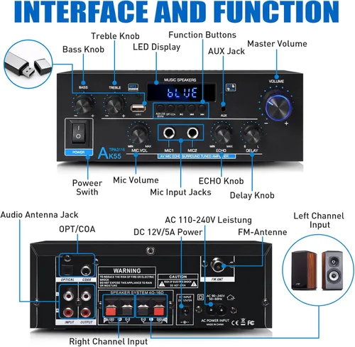 Miniatura 2 de WOOPKER AK55 Amplificador de audio estéreo con Bluetooth 5.0,450W Max Home 2.0 Canal Amplificador estéreo de potencia Sistema receptor para Karaoke