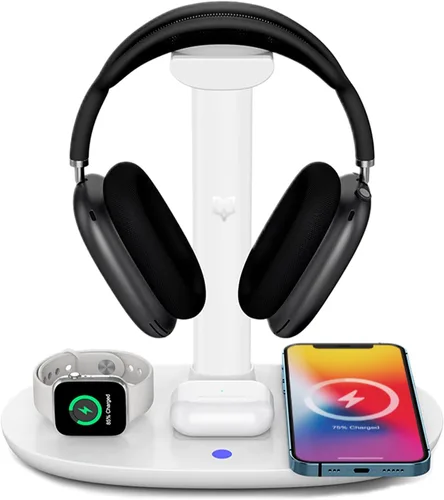 Cargador inalámbrico 4 en 1 con soporte para auriculares para iPhone 17 16 15 14 13 12 Pro Max, Apple Watch 11 10 Ultra SE, AirPods Max 4 y Samsung