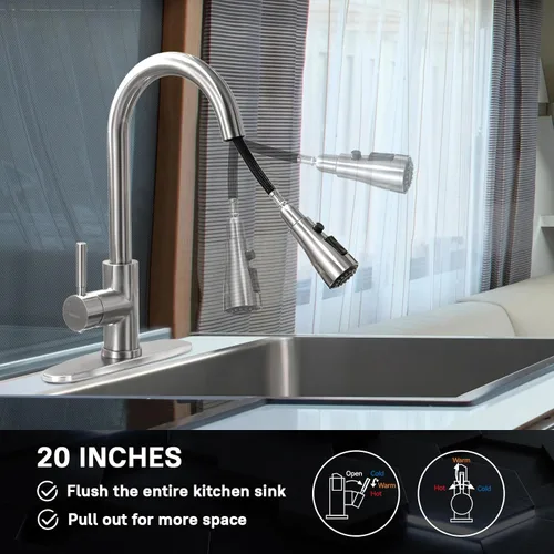 Miniatura 7 de WEWE grifo de cocina de una sola manija, de arco alto, extraíble, níquel pulido, grifos para fregaderos de cocina de una sola palanca, de acero