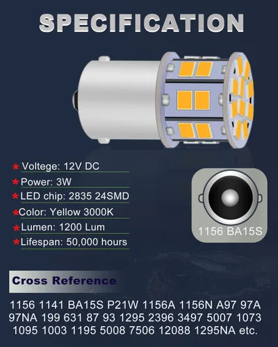 Miniatura 2 de 1156 Foco LED ámbar 12V-24V superbrillante 7506 1141 BA15S P21W 1003 foco LED para luces intermitentes de señal, luces traseras de freno, luces