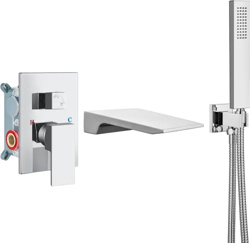 Airuida Grifo de bañera de montaje en pared con boquilla de cascada, grifo de bañera montado en la pared con ducha de mano de una sola manija, cromo