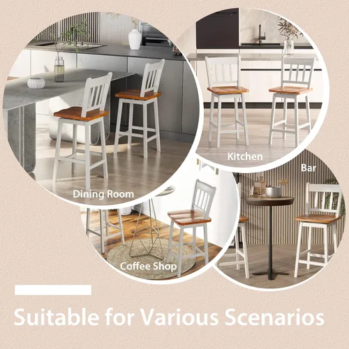 Miniatura 8 de COSTWAY Juego de 4 taburetes de bar de 24.5 pulgadas, sillas de bar de madera de goma con giro de 360°, reposapiés, taburetes de bar giratorios