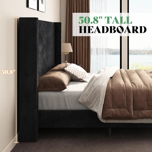Miniatura 5 de AMERLIFE Base de cama tapizada tamaño Queen con cabecera de 50.8 pulgadas de alto, cama de plataforma con respaldo de alas con patas de madera