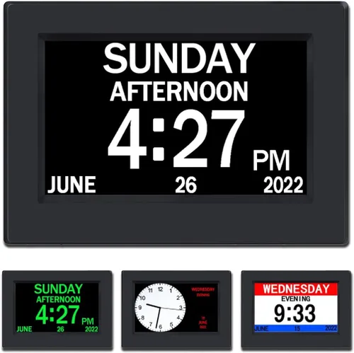 AINFTIME Reloj DST con día y fecha para ancianos, 3 pantallas, calendario digital, alarma, día, demencia, Alzheimer, reloj con pantalla extragrande