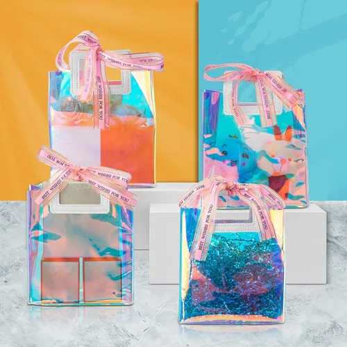 Miniatura 6 de Caleihd 12 bolsas de regalo holográficas transparentes con papel de seda, 7.9 x 7.1 x 3.9 pulgadas con asas, bolsas de golosinas, para Navidad
