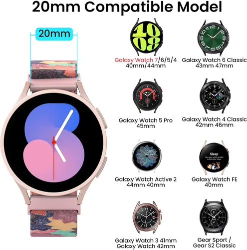 Miniatura 7 de Delidigi Correa elástica de reloj Galaxy para Samsung Galaxy Watch 7/6/5/5 Pro/4/FE/Active 2, 0.787 pulgadas, correa elástica de nailon suave y Rosa