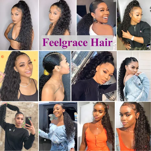 Miniatura 7 de Cola de caballo de cabello humano rizado con cordón brasileño Remy Extensin 3C Kinky Curly Hair Clip en pieza de pelo color natural sedoso suave 10