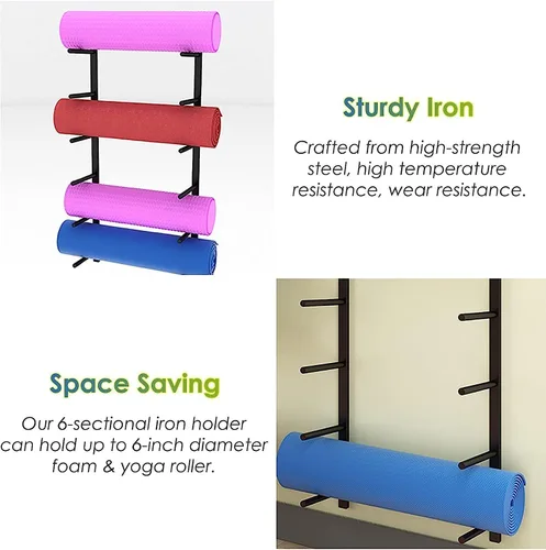Miniatura 5 de Estante de almacenamiento para esterilla de yoga de 6 niveles, soporte de rodillo de espuma de hierro forjado para estudio de gimnasio en casa