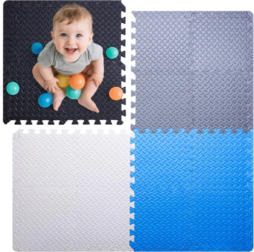 Miniatura 11 de Coolcandy Tapete de juego de espuma para bebé, 16 piezas con tiras de borde, azulejos de piso entrelazados de 4 colores, tapete de piso