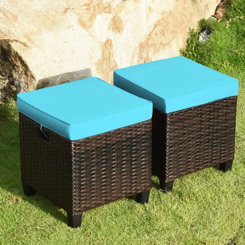 Miniatura 8 de HAPPYGRILL Juego de 2 otomanas de mimbre de ratán para exteriores, con cojines extraíbles, muebles de patio, reposapiés, asiento para reposapiés