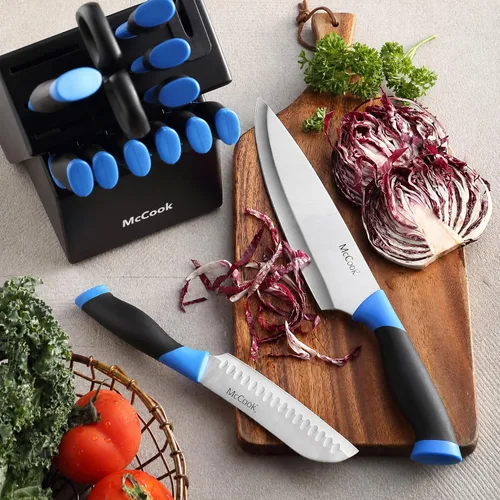 Miniatura 4 de McCook® Juegos de cuchillos, juegos de bloques de cuchillos de cocina de acero inoxidable alemán con afilador incorporado Azul