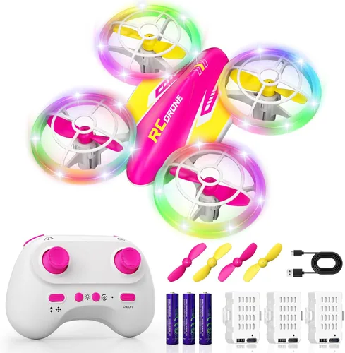 Miniatura 9 de Dron LED RC para niños de 6+, regalo de Navidad y cumpleaños para niños y niñas con baterías, mando a distancia, voltereta de 360°, modo de alta