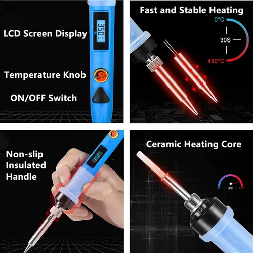 Miniatura 3 de Kit de soldador, pistola de soldadura LCD digital de 80 W con interruptor de encendido/apagado, control de temperatura ajustable y calentamiento