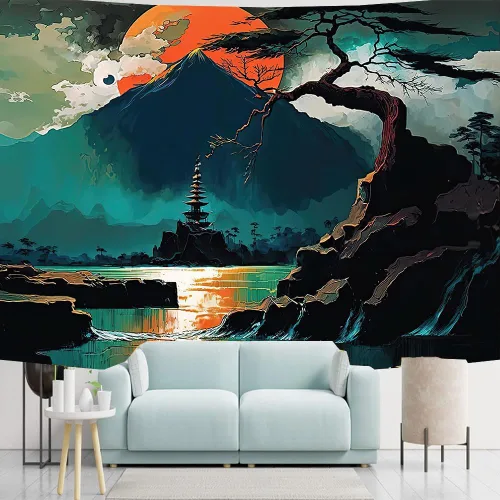 Miniatura 3 de FENDROM Naturaleza Paisaje Montaña Puesta de Sol Bosque Tapiz Árboles Anime Nube Niebla Lago Colgante de Pared Telón Estético Telón