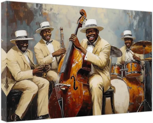 Miniatura 7 de SWQYLB Arte de pared con música afroamericana, pintura de banda de jazz, impresiones en lienzo abstractas negras con imágenes musicales para club