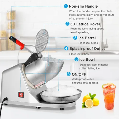 Miniatura 7 de ZENY Trituradoras de hielo eléctricas 300W 2000r/min con hoja de acero inoxidable Máquina de cocina para hacer cono de nieve de hielo afeitado