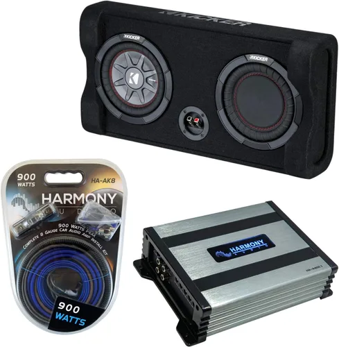 Harmony Audio Kicker 47TRTP82 Audio para coche de Harmony Audio con radiador pasivo de disparo hacia abajo de 8" y delgado, paquete con amplificador