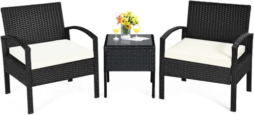 Miniatura 11 de Tangkula Juego de 3 piezas para conversación de patio, juego de sofá de ratán al aire libre con cojines de asiento y mesa auxiliar, juego de muebles