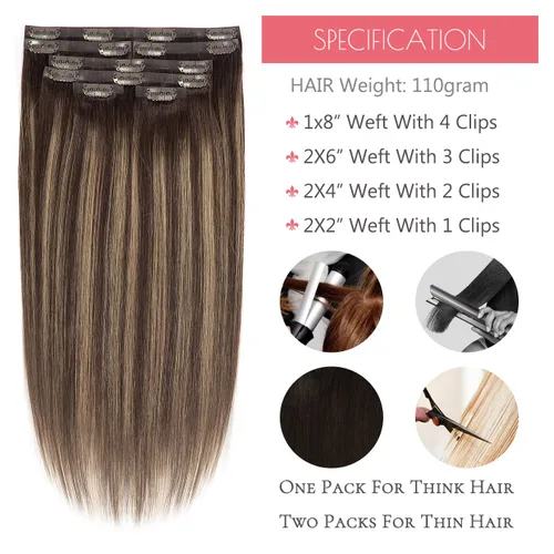 Miniatura 3 de Loxxy Extensiones de cabello humano con clip, sin costuras, 22 pulgadas, color marrón oscuro a castaño oscuro y marrón oscuro, 7 piezas