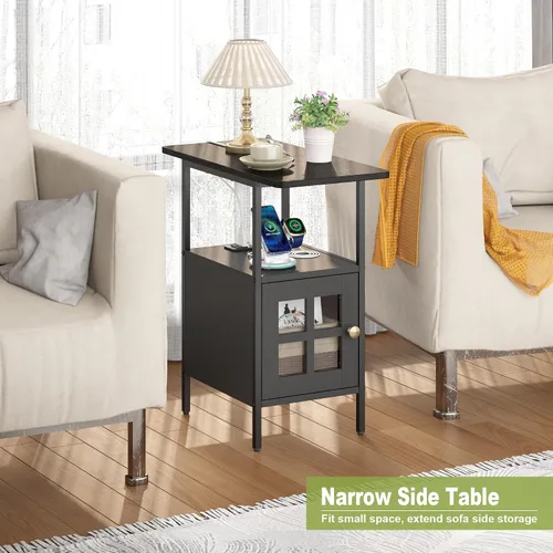 Miniatura 3 de Mesa Auxiliar Estrecha Estilo Granja con Estación de Carga - Mesa Lateral de 3 Niveles con USB y Enchufes, Mesa de Noche Compacta de Almacenamiento